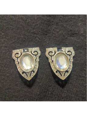 Vintage Silver Tone Clear Oval Rhinestone Triangle Clip On Statement Earrings